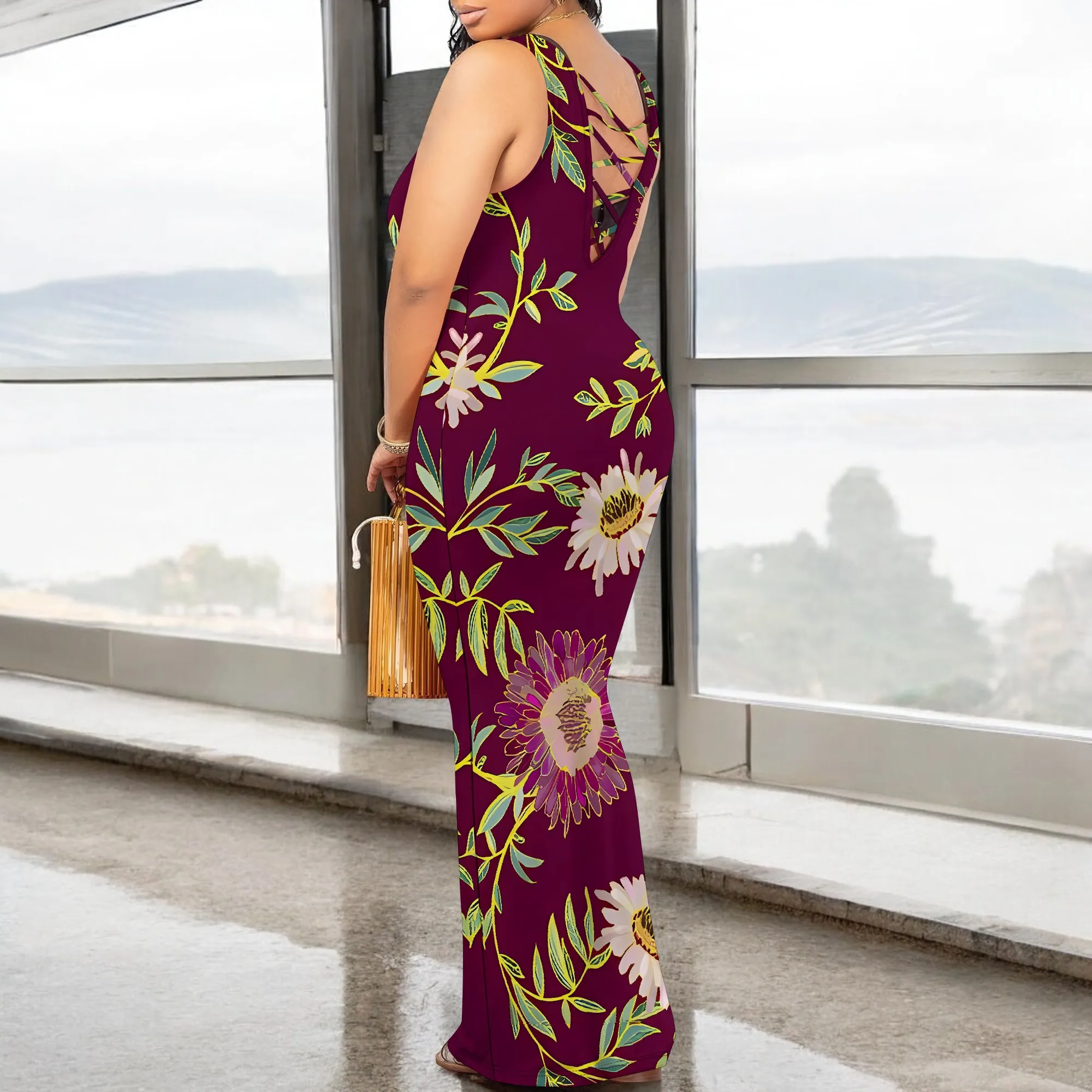 Boho floral sem mangas maxi vestido para mulher vintage borgonha impressão bodycon vestido longo casual primavera verão outfit