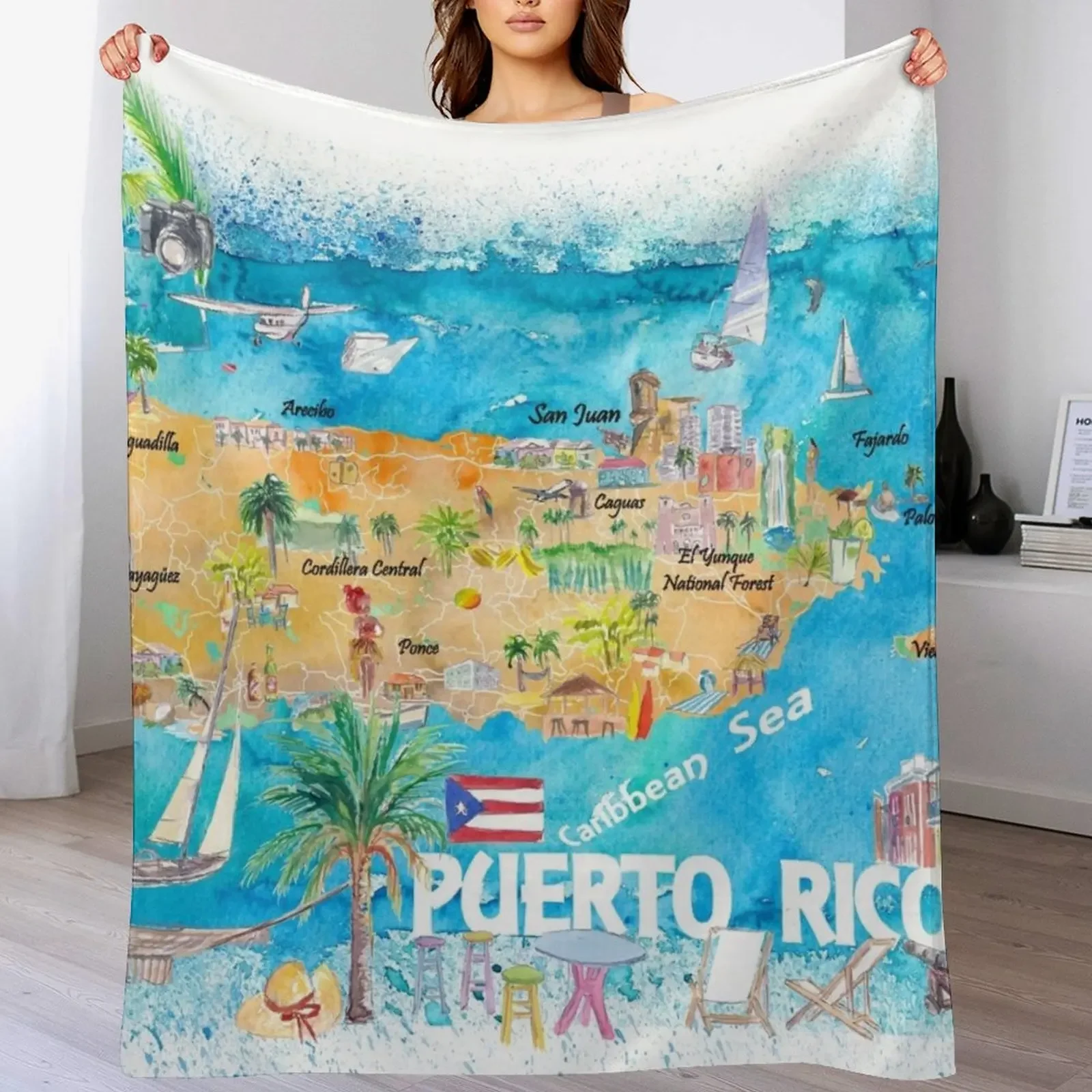 Puerto Rico Islands Illustrated Travel Map with Roads and Highlights Throw Blanket Hairys Bed linens bed plaid Blankets