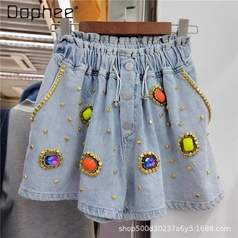 Street Style Beaded High Waist Denim Shorts 2024 Summer European Goods Exquisite Rhinestone Gem Wide Leg Shorts for Women