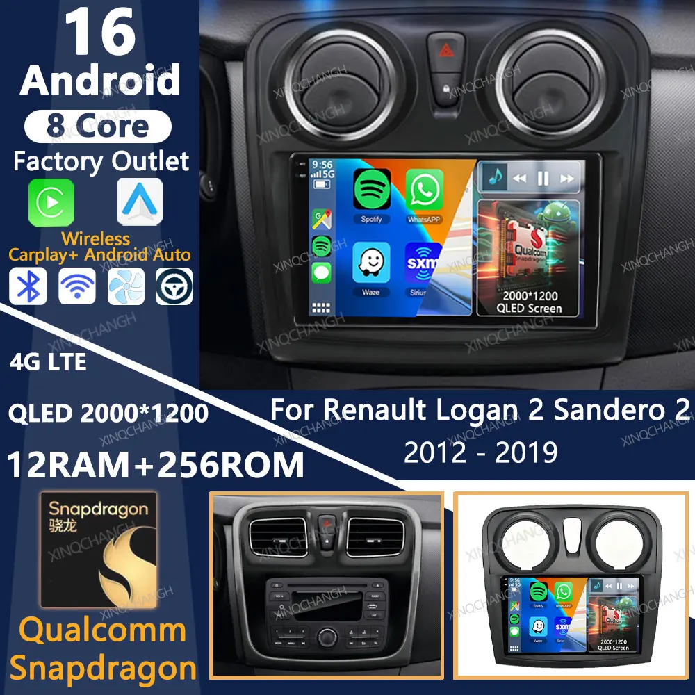 Android 16 Car Radio For Renault Logan 2 Sandero 2012 - 2019 2DIN Head Unit BT Multimedia Stereo Video Player 4G WIFI GPS QLED
