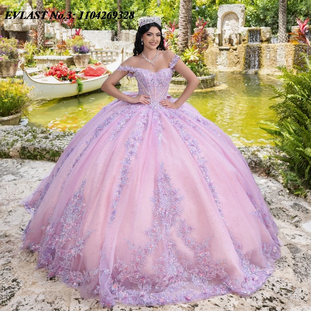 

EVLAST Customized Mexican Pink Quinceanera Dress Ball Gown 2025 Sequins Applique Beading Bow Sweet 16 Vestido De 15 Anos E3Q250