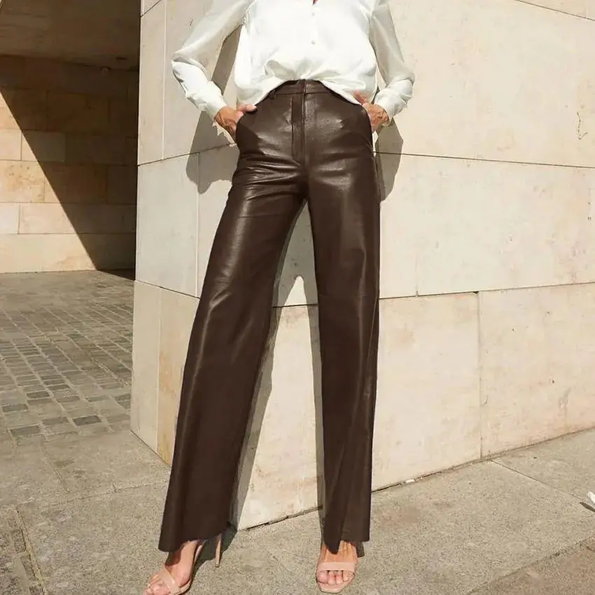 European and American Style Spring and Autumn Casual Pu Leather Mid High Waist Hip Lifting Straight Leg Pants for Women