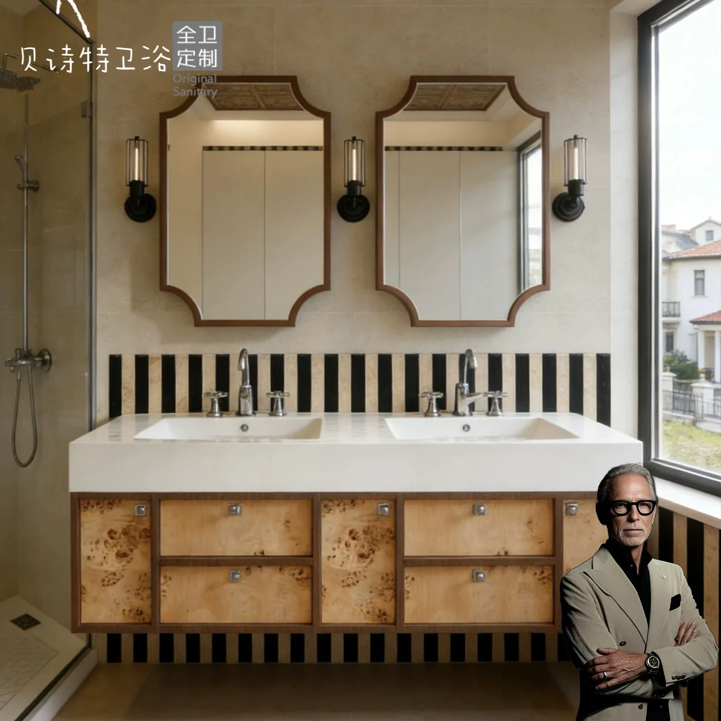 Bathroom Cabinet Antique Slab Bend Ceramic Integrated Double Basin Bathroom Cabinet Unique Waterproof Finished Bathroom Vanity