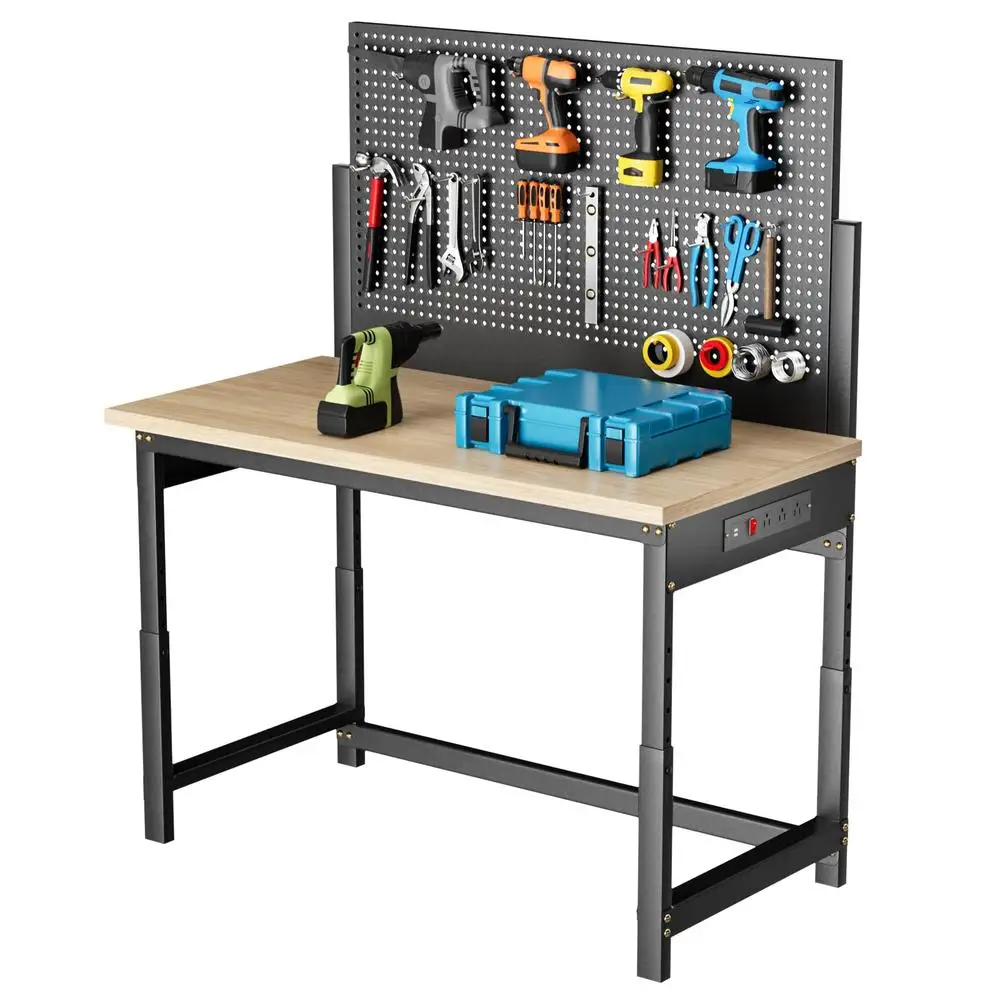 Height Adjustable Workbench Heavy Duty Table Power Outlets Garage Steel Frame Pegboard Storage Multi-Functional Office Shop