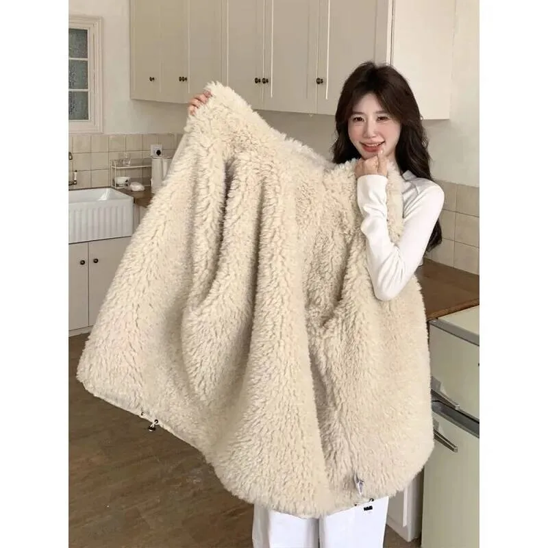 Damen-Winter-Parka-Mantel, Lammfell-gefüttert, mit Kapuze, Baumwolljacke, beige, koreanischer College-Stil, warm, verdickt, 2025, Neuankömmling