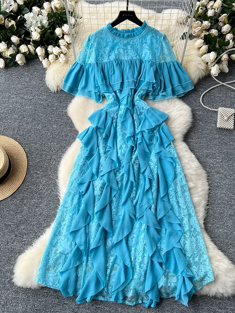 

Summer Short Sleeved Lace Dress Women's European American Patchwork Round Neck Waist Cinched Lotus Leaf Edge Long Dress C140