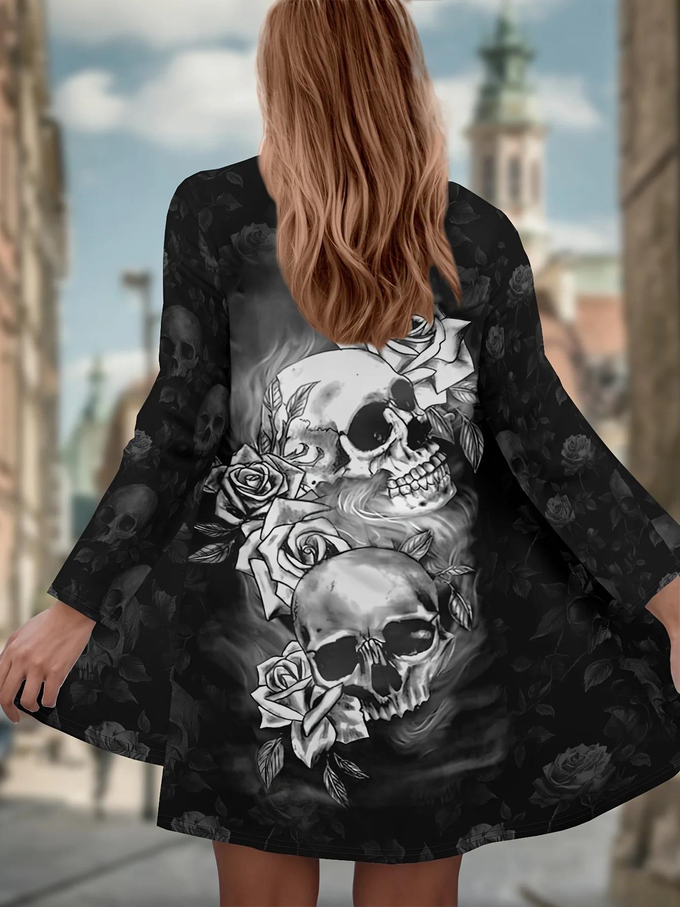 

Fashion Women's skull &flower print Long Sleeve Cardigan, Polyester Open Front, Lightweight Cover Up, Spring Autumn Casual Coat