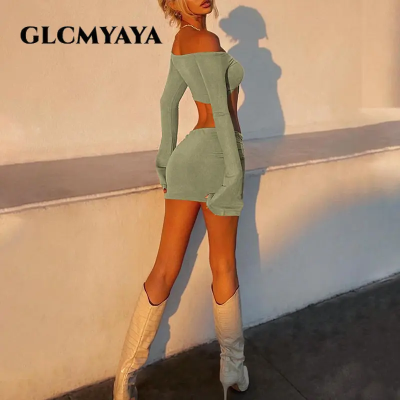 GLCMYAYA Streetwear Women Slash Neck Draw String Flare Sleeve Long Sleeve Crop Tops Skirt Suit 2023 Solid Slim Sexy 2 Piece Set