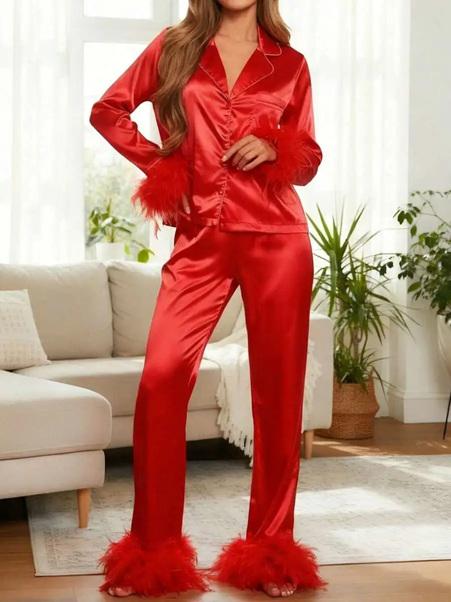

Womens 2 Piece Satin Lounge Set Long Sleeve Lapel Button Up Shirt Pants Sleepwear