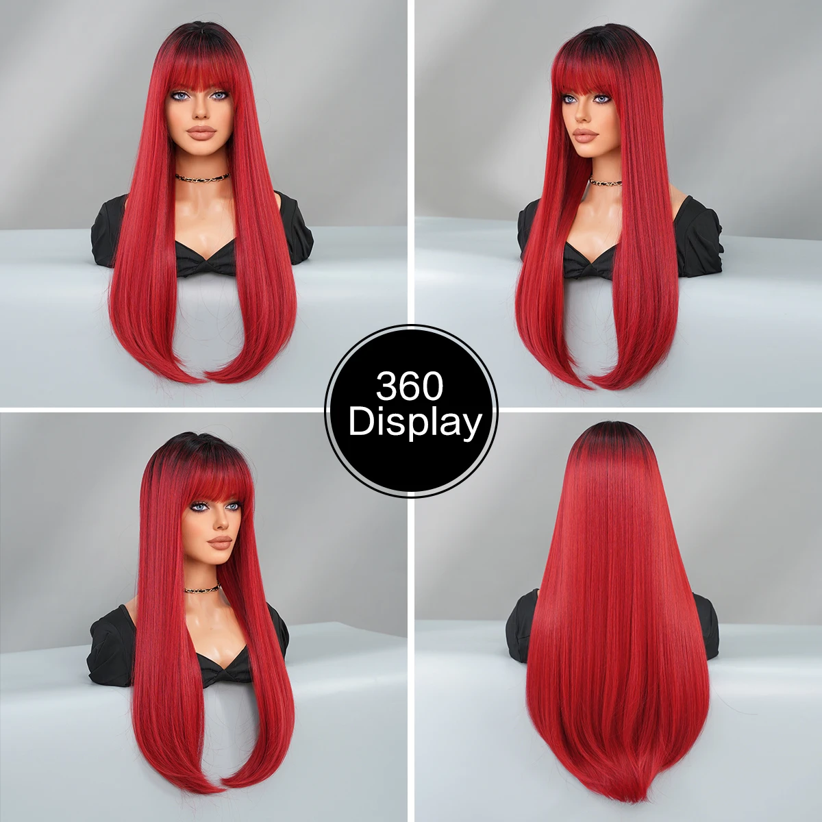 NAMM Long Straight Deep Red Wigs For Women With Dark Roots Daily Use High Density Synthetic Heat Resistant Hair Wigs With Bangs