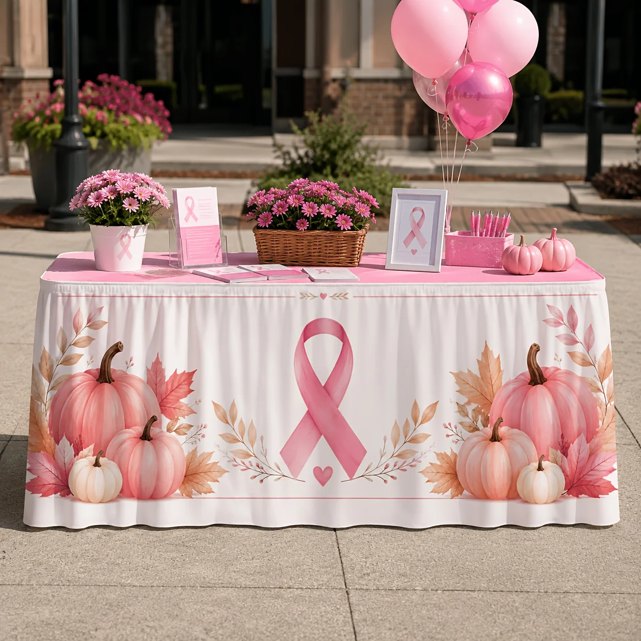 One table skirt. Breast cancer awareness promotion. Pink, white, pumpkin, maple leaf, heart pattern. October, autumn charity.xzj
