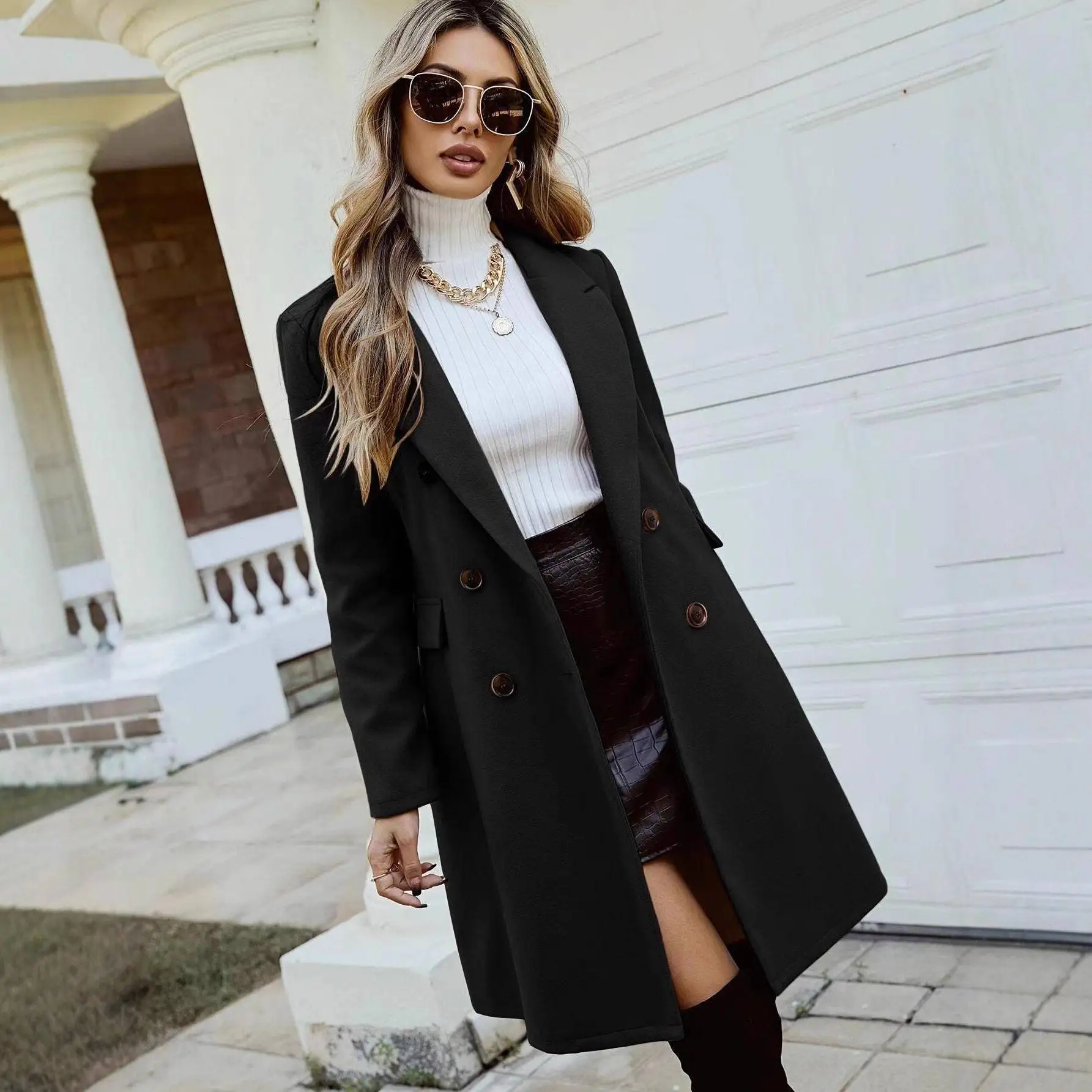 Elegant Women's Woolen Coat Double Row Buttons Autumn Winter Outerwear Fashionable Commute Style Medium Length Long Sleeve