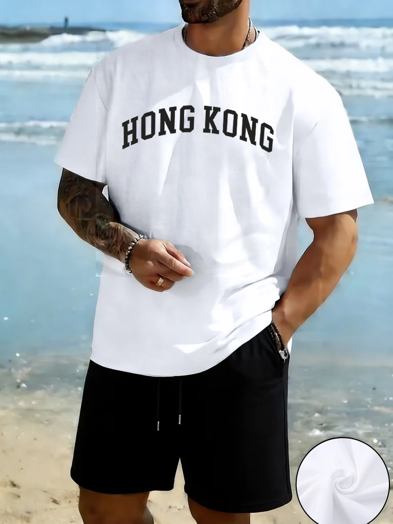 

Hong Kong Letter Creative Prints Man 2Pc Sets New Cotton Cool Short Sleeve Simple Running Streetwear Comfortable Summer Shorts