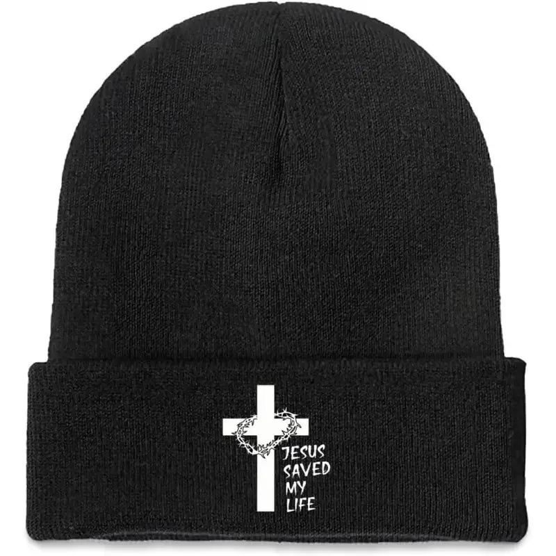 Jesus Saved My Life Cross Print Beanie Hat for Men Women Soft Warm Knit Winter Cap