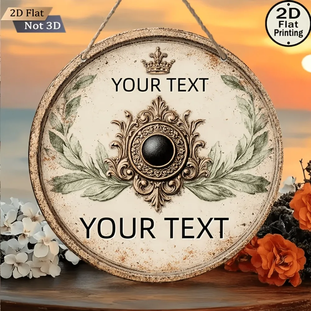 CIFbuy Custom Text Round Metal Sign,Vintage Crown Laurel Wall Decor (Only For Decoration)