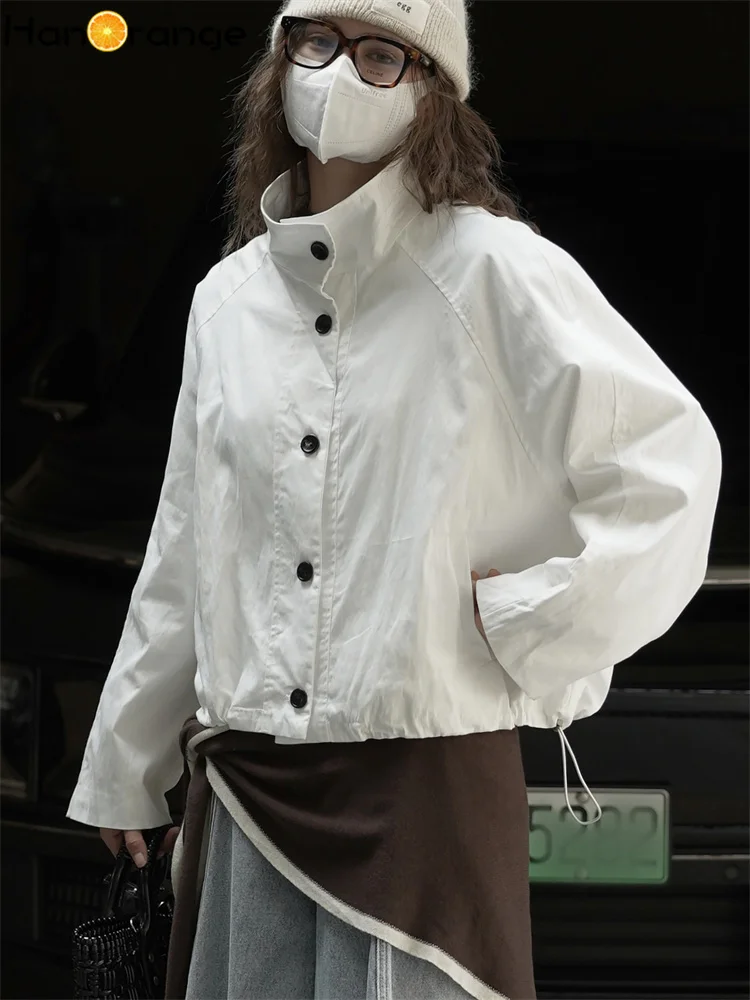 

HanOrange 2025 осень/зима модная изогнутая куртка с воротником рубашки женская прямая стильная повседневная куртка белого/черного/серого цвета