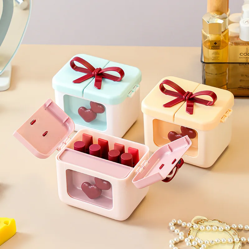 Dopamine Lipstick Storage Box with Lid Partition Rack Desktop Makeup Organizer Boxes Bow Cosmetic Storage Box Home Storage Gifts