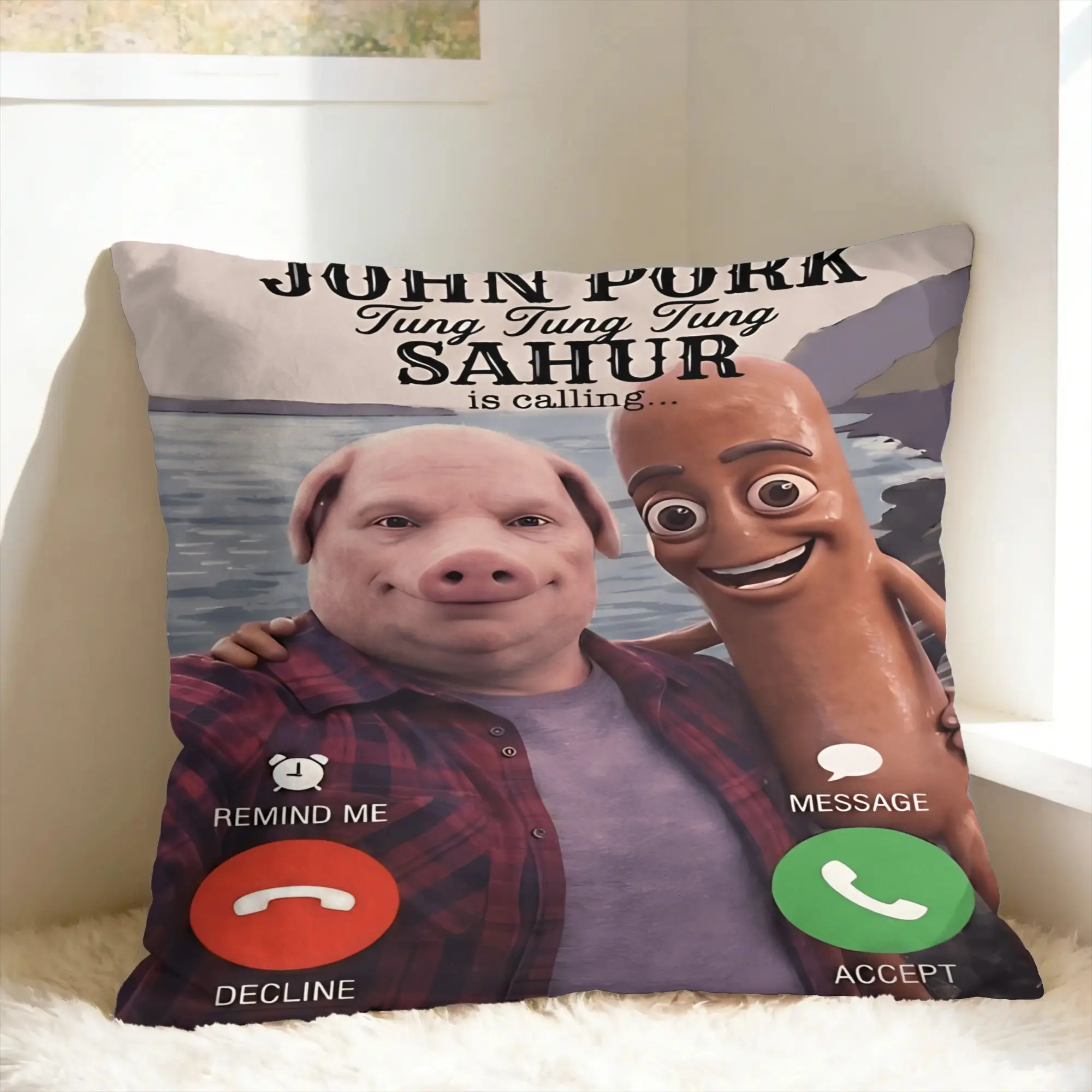Pillow Cover John Pork Tung Sahur Brainrot calling Meme  Funny Pillow Case For Couch Sofa Bedroom Pillowcases