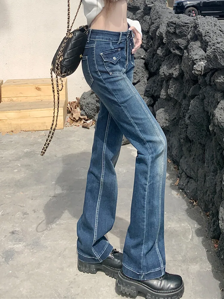 Blue Splice Vintage Pocket Flared Jeans Women Y2K Streetwear Casual Slim Stretchable Denim Pants Female Autumn Winter Trousers