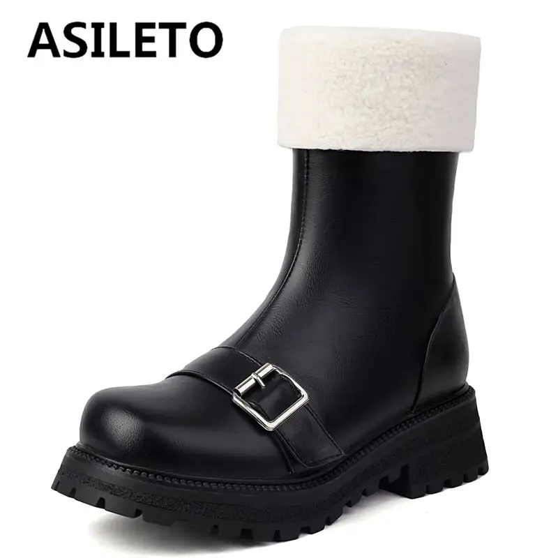 

ASILETO Women Snow Ankle Boots Plush Thick Heels 4.8cm Platform Zipper Belt Buckle Big Size 29 42 43 Casual Warm Winter Bota