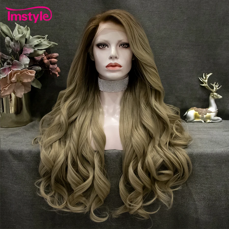 

Imstyle Brown Wig Synthetic Lace Front Wig Wavy Long Lace Wig Heat Resistant Fiber Dark Root Cosplay Daily Wigs For Women