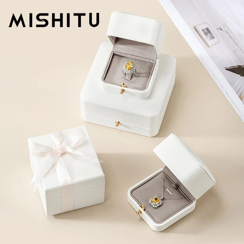 MISHITU White Ring Box Premium Leather Jewelry Necklace Engagement Ring Display Gift Case Jewelry Organizer Proposal Ring Box