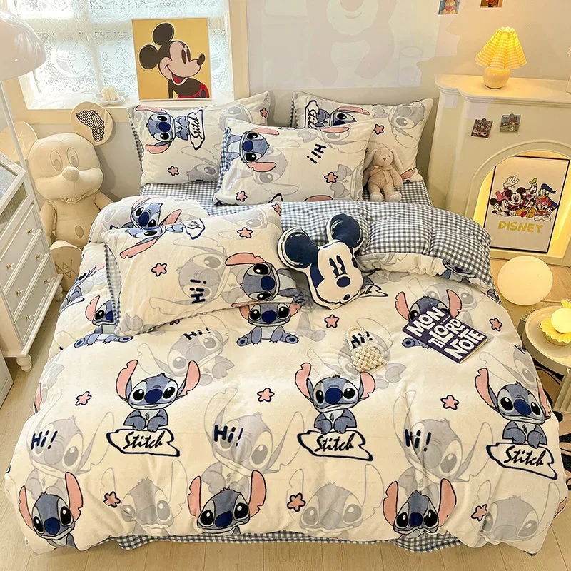 Stitch Disney Anime Kawaii Cartoon Bed Four-piece Dormitory Supplies Set Warm  Bed Sheet Quilt Cover Student