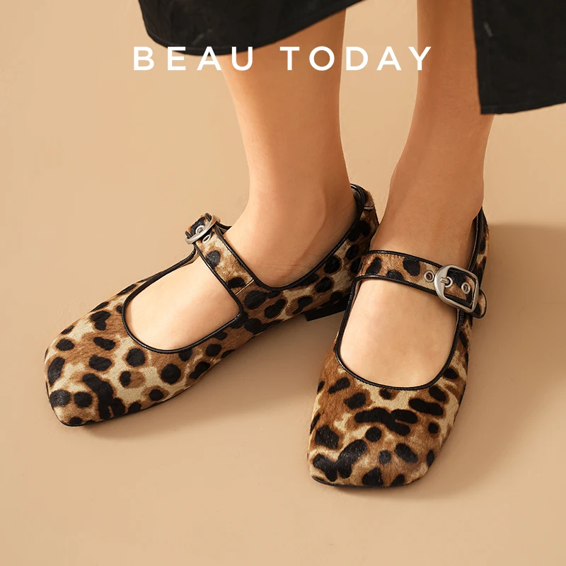 

BEAUTODAY Леопардовые женские туфли Мэри Джейн из натурального конского меха с квадратным носком и пряжкой на ремешке, балетки в стиле ретро, женские туфли на плоской подошве ручной работы 28381