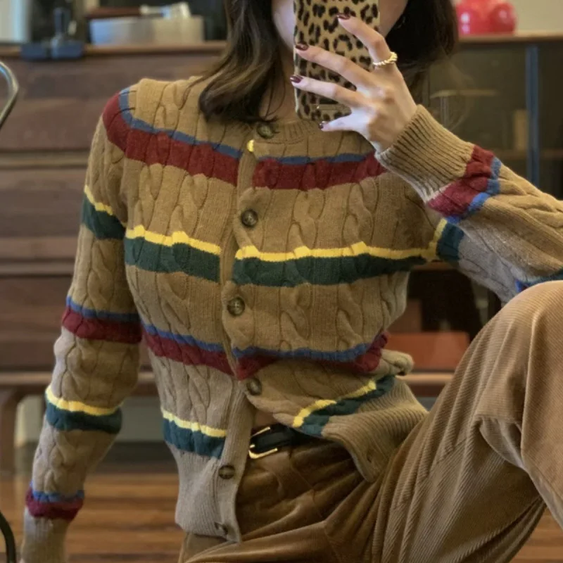 RL لورين قوس قزح مخطط محبوك سترة معطف المرأة الخريف الشتاء موضة خمر نمط كم طويل الخامس الرقبة سترة مفتوحة