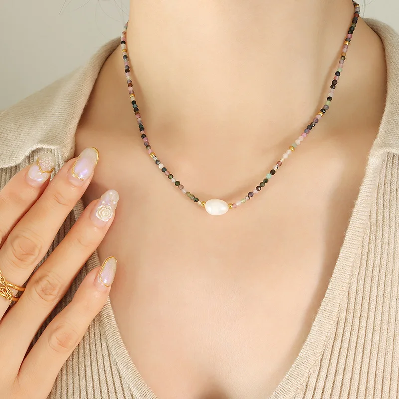

Elegant Colorful Natural Stone Freshwater Pearl Beads Chain Stainless Steel Handmade Necklace for Women Tarnish Free Trendy Gift