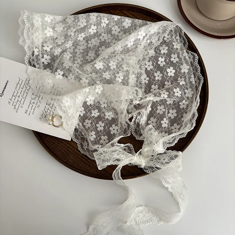 الرجعية الحلو زهرة مثلث الشعر وشاح الصيف النساء الفتيات مربع وشاح عقال الكورية الفرنسية الرعوية غطاء الرأس الدانتيل أغطية الرأس