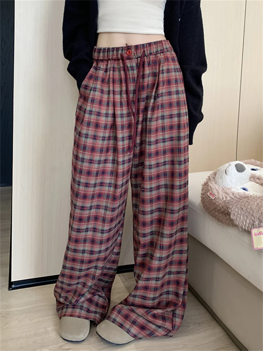 

Alien Kitty Loose Plaid Trousers Women Casual 2023 Stylish New Mopping All Match High Waist Wide Leg Fashion Daily Autumn OL