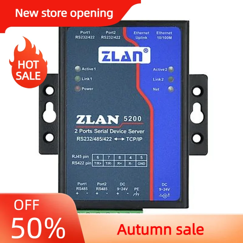 

2 Ports Serial Device Server ZLAN5200 is a 2 ports protocol converter between RS232/485/422 and TCP/IP.