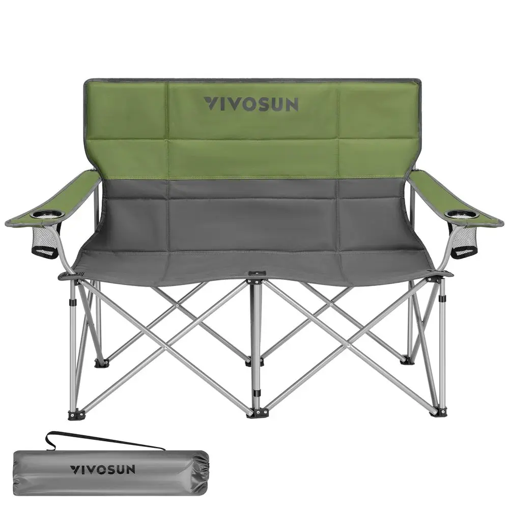 

Double Camping Chair, Fully Padded Folding Loveseat, Portable Oversized Duo Chair with Storage Cup Holders, Heightadjustable Ar