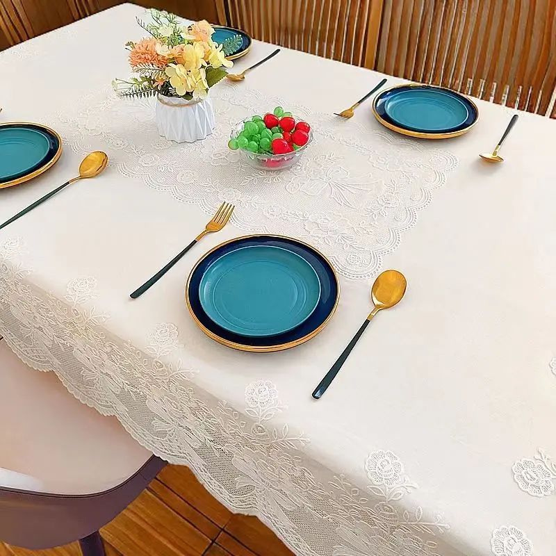 Rectangular PVC Tablecloth Waterproof Embroidered Rice White Lace Table Cloth Oilproof Wash Free Dining Table Protection Cover