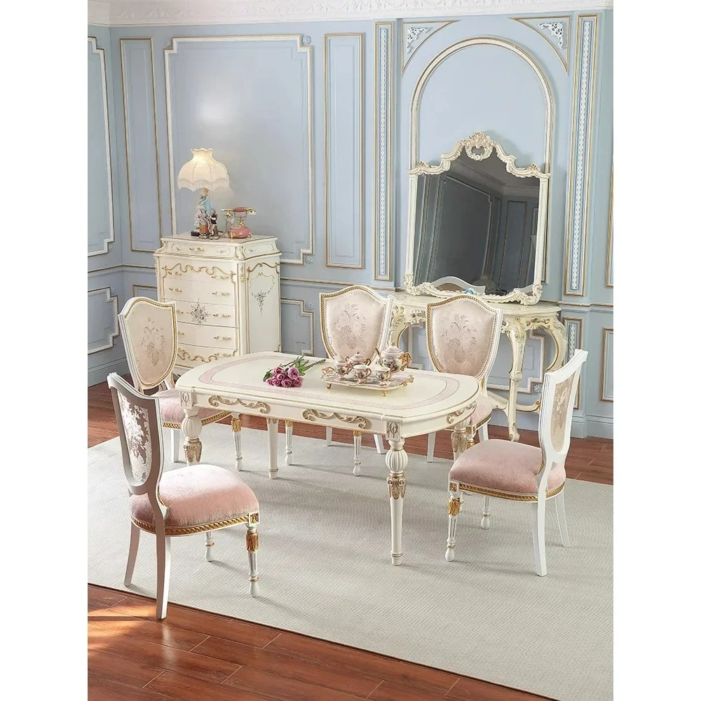 

Furniture French Court Light Luxury Dining Table and Chairs Combination Modern Retro European Pink Light Solid Wood