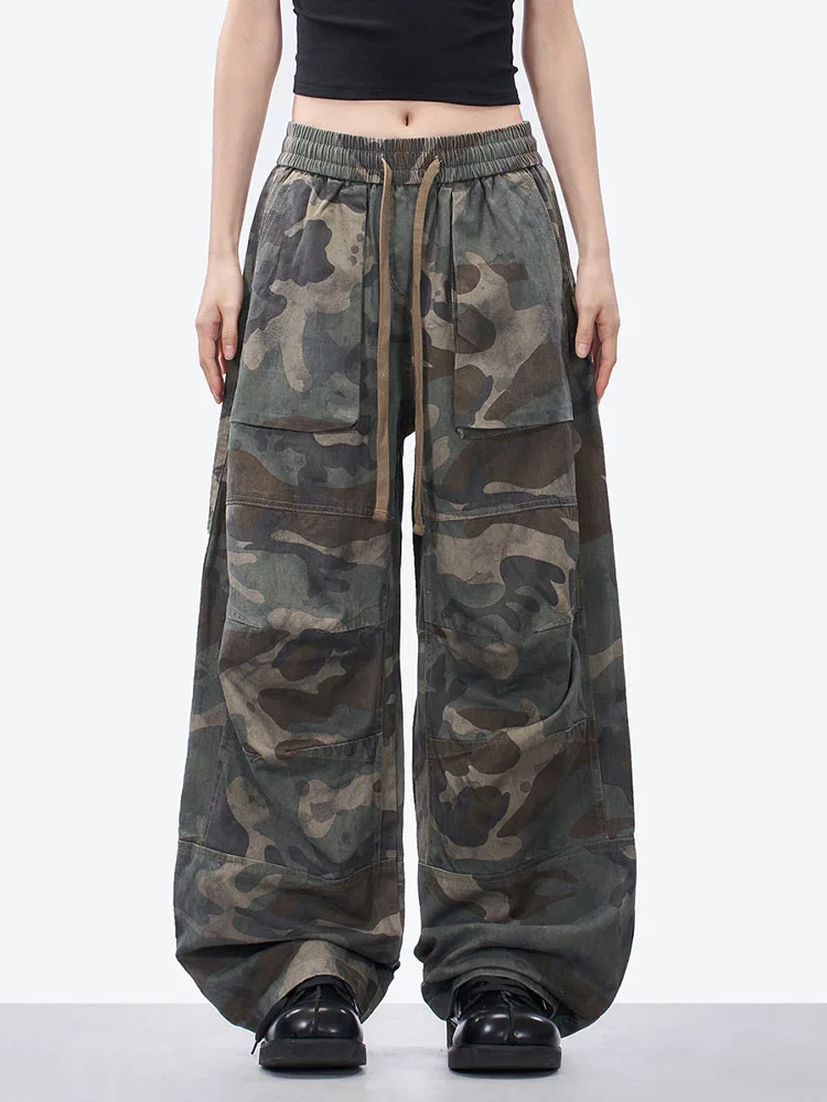 Amerykańskie spodnie robocze w stylu retro, kamuflaż, damskie, letnie, luźne, codzienne, proste nogawki, sportowe, szerokie nogawki.