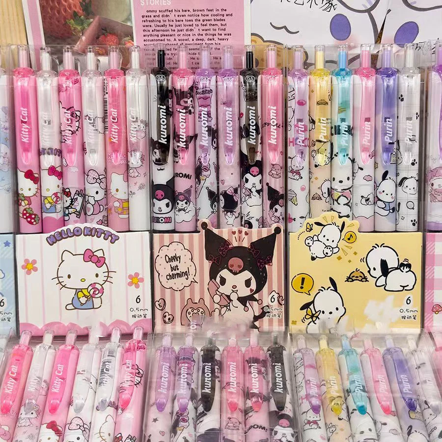 Sanrio Hello Kitty Kuromi 6 uds bolígrafo de Gel 0,5mm de secado rápido papelería escolar de dibujos animados suministros para estudiantes Kawaii Y2k juego de regalo Cinnamo