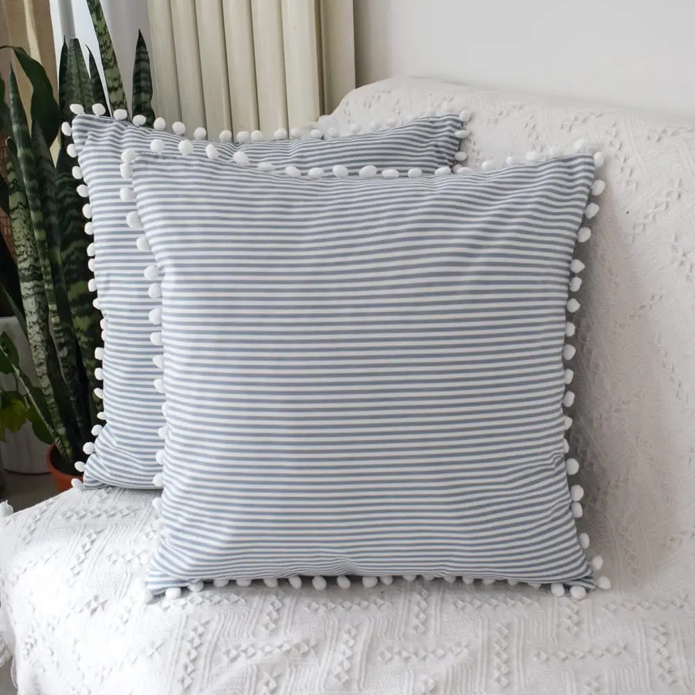 

Decorative Stripe 18x18 Inch Pillow Covers Farmhouse Pom Pom Pillows Covers for Home Decor Set of 2