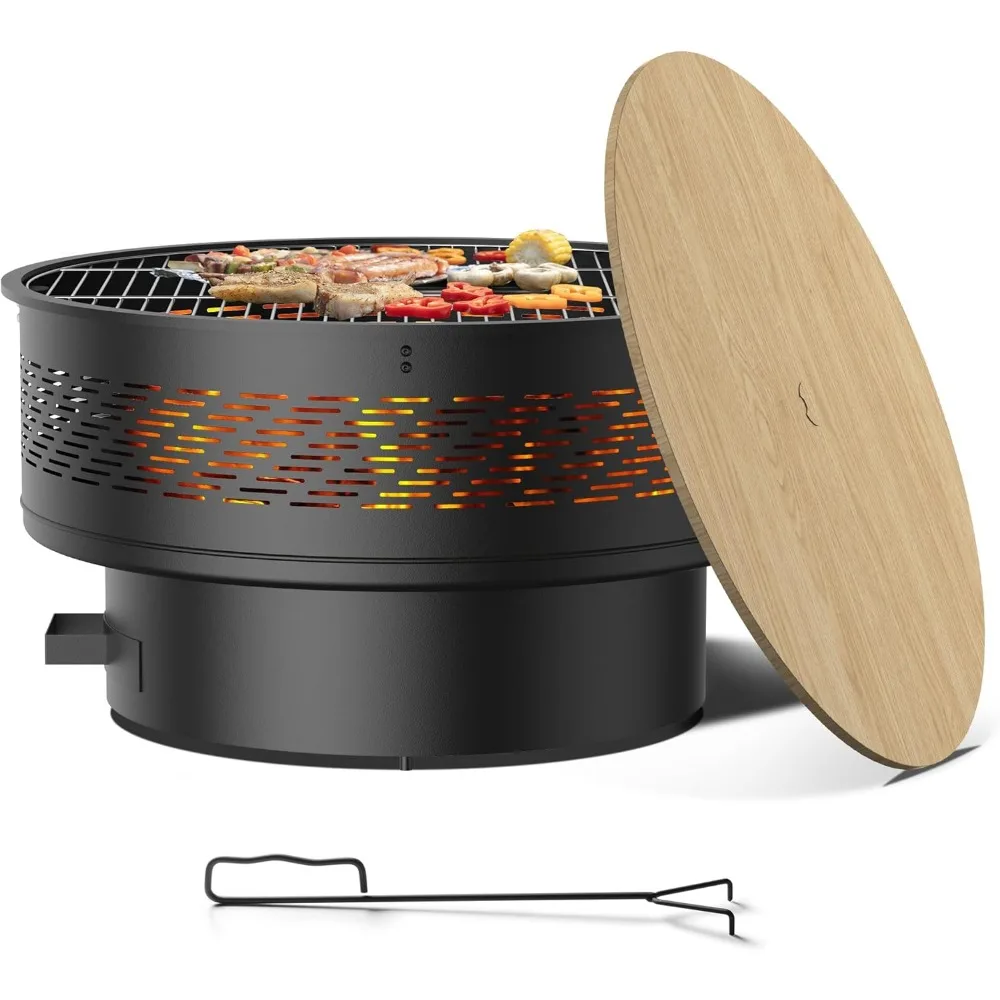 

32" Fire Pits with Cooking Grill, Fire Pit Table with Lid & Fire Poker, Round Wood Burning Firepit for Outside, Multifunctional