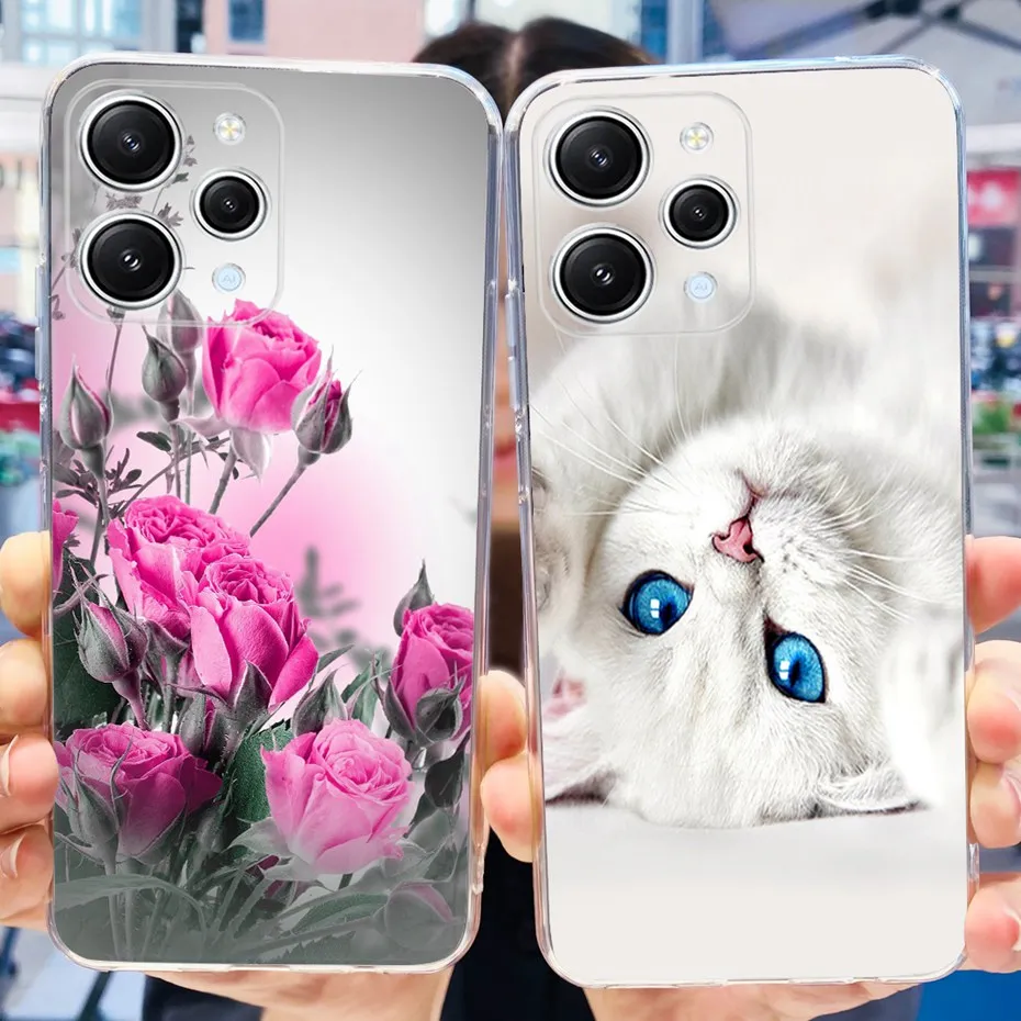 For Xiaomi Redmi 12 2023 Cute Cat Flower Painted Phone Case For Redmi12 4G Global Soft Silicone TPU Cases