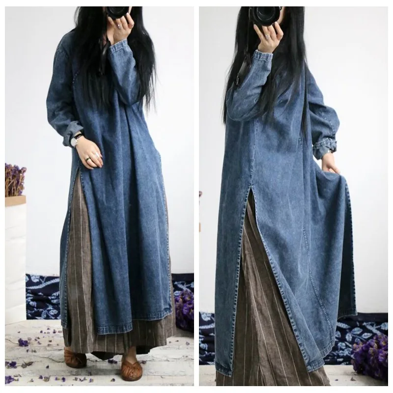 

Women Denim Dresses Loose Slit Dress Solid Frog Closure Round Neck Long Sleeve Floor Lenth Office Lady Casual 2025 Spring Autumn