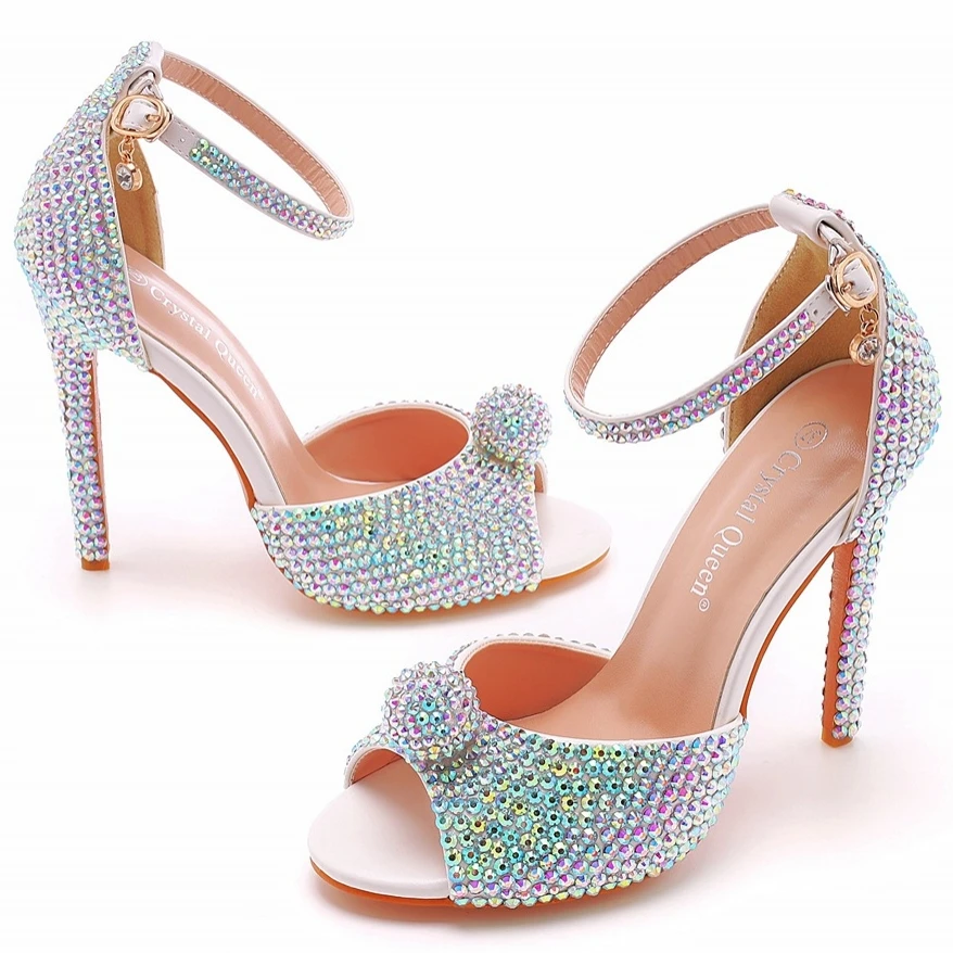 

Роскошные дизайнерские летние женские новые блестящие сандалии со стразами, женская модная обувь на высоком каблуке с ремешком на щиколотке и кристаллами и бриллиантами H0039