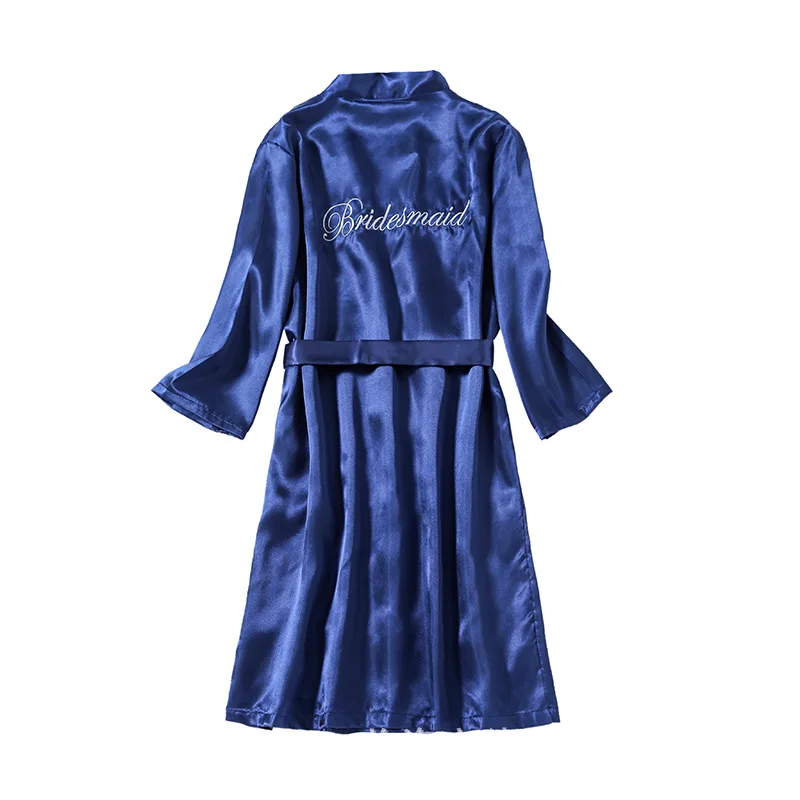 Letter Embroidery Satin Bride Night Dress Solid Color Long Sleeve V-Neck Robe With Belt For Wedding And Ceremony Bridesmaid Pjs