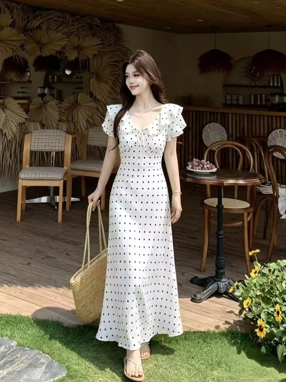 

plus Size Polka Dot Summer Dress Women's A-Line Long Dress Waist-Cinching Cover-Up Short Sleeve Commuter Style High Waist