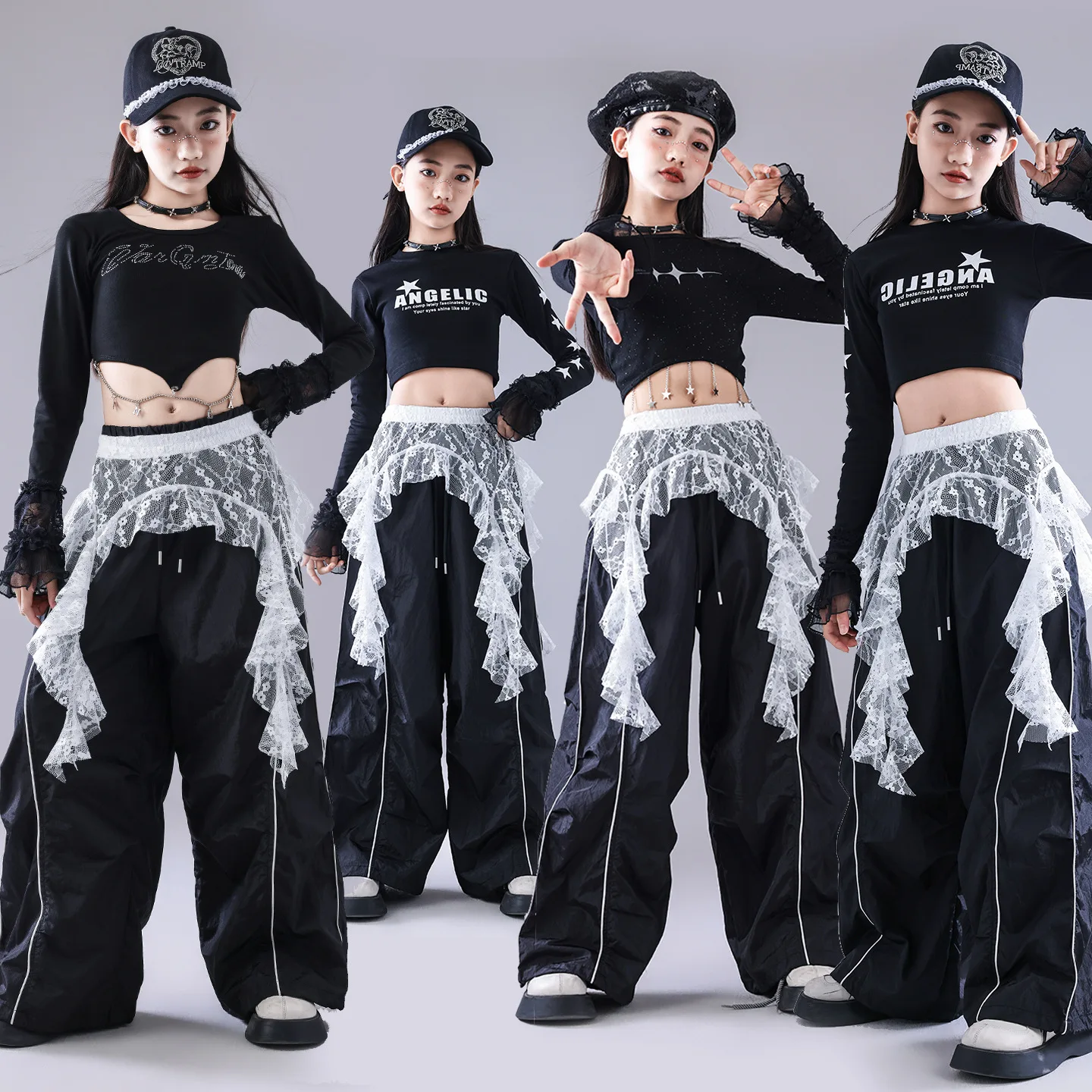 Girls Hip Hop Black Star Crop Tops Curved Knife Pants Child Jazz Set Street Dance Group Clothes Trendy Kids Performance Costume