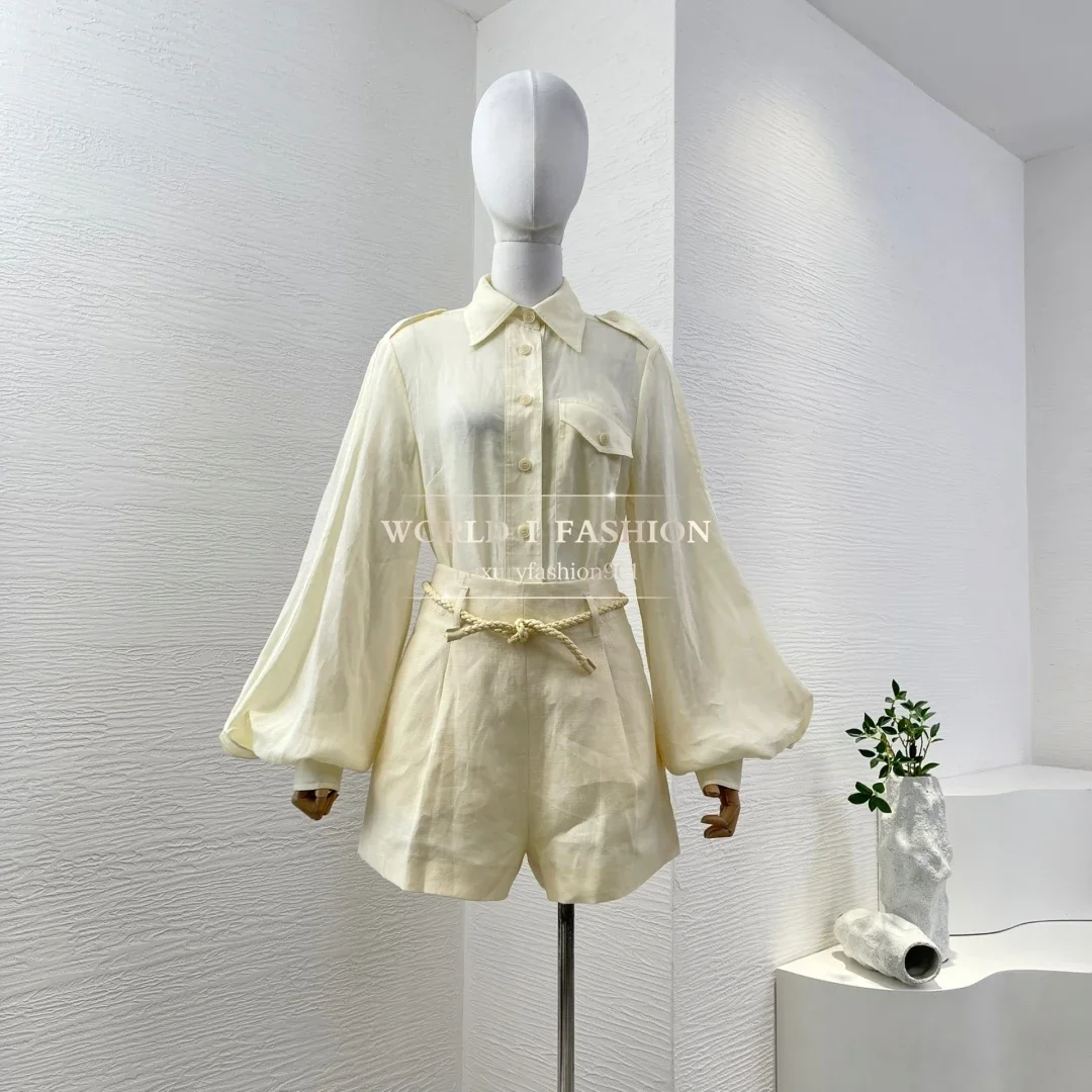 

High Quality Light Yellow Shell Edge Floral Print Long Sleeve Blouse Tops and Skirt Set 2025
