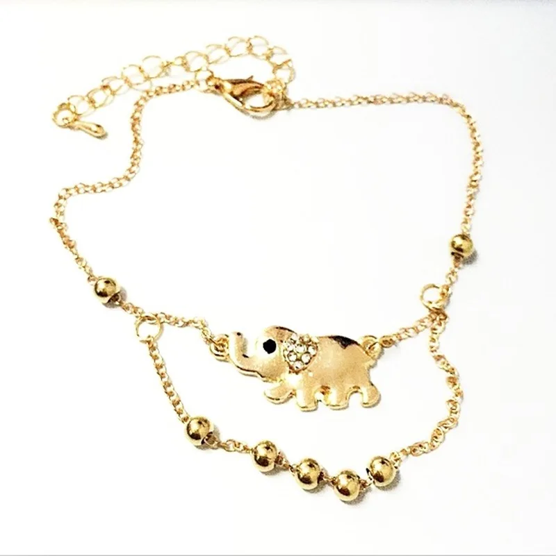 Fashion Auspicious Elephant Elephants Golden Double Foot Chain Anklet Bracelet Woman Bracelet