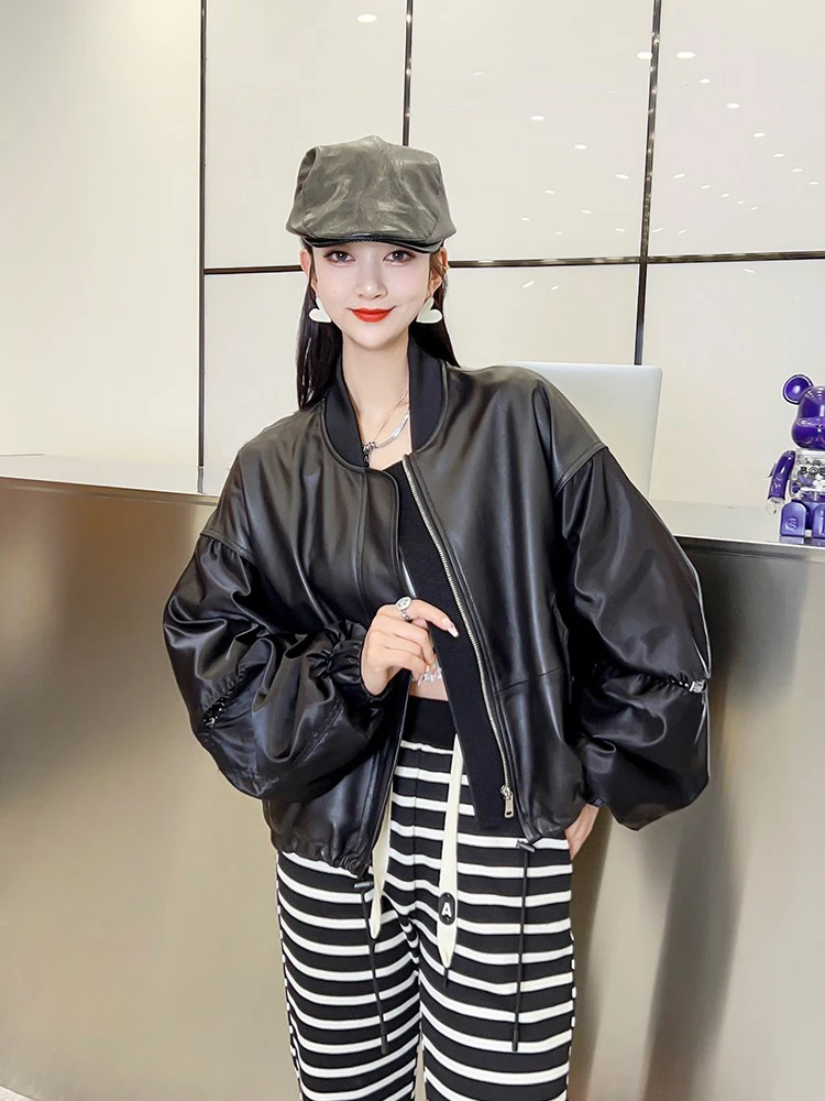 Spring New Women Oversized Hollow Out Puff Sleeve Genuine Leather Jacket Casual Stand Collar Loose Fit Sheepskin Coat Streetwear