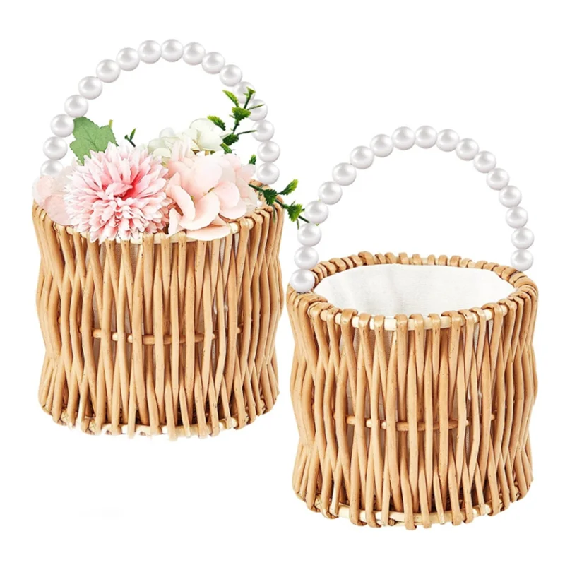 2Pcs Wicker Wedding Flower Girl Baskets Pearl Wicker Rattan Handwoven Basket Wicker Basket with Handle Straw